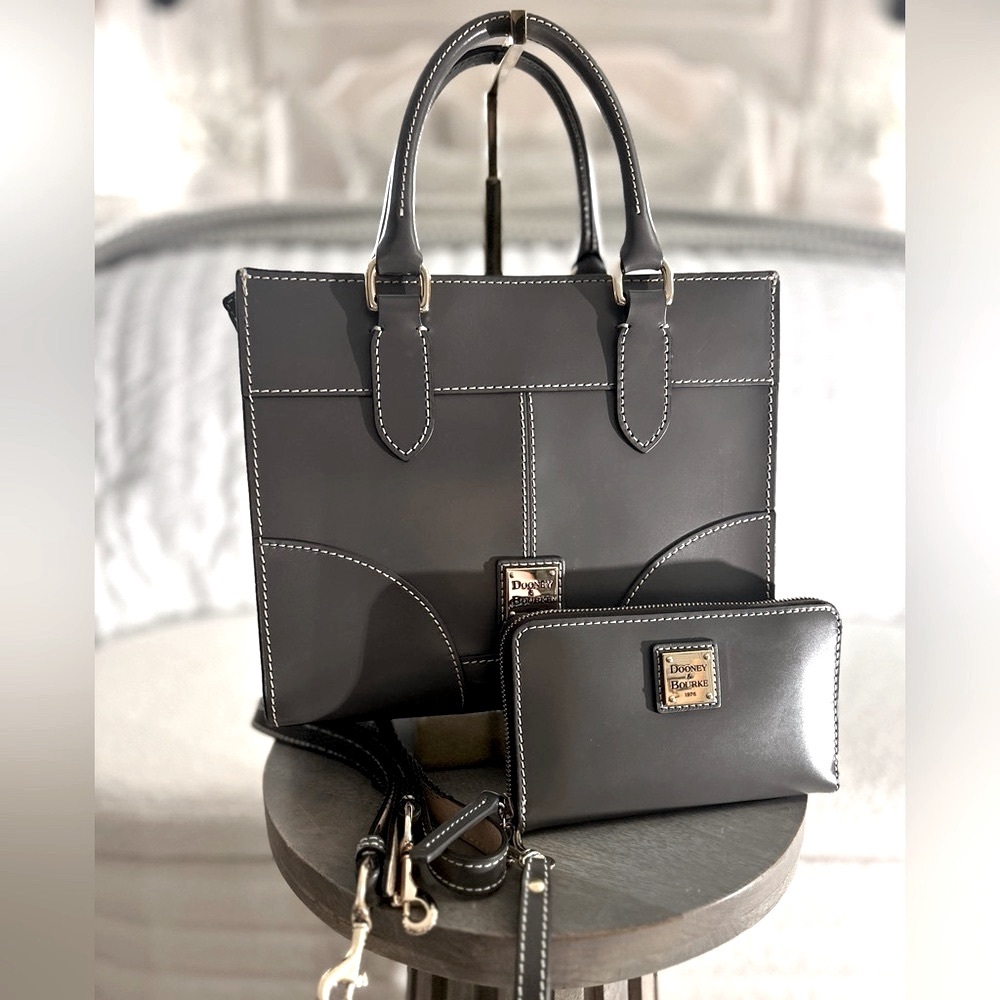 Dooney and Bourke Selleria Leather Jayne Satchel and Wallet In STEEL GRAY
